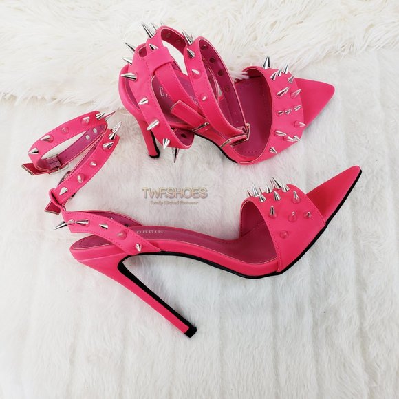 Hot Pink Spike Stud Double Strap High Heel Shoes - Picture 2 of 16